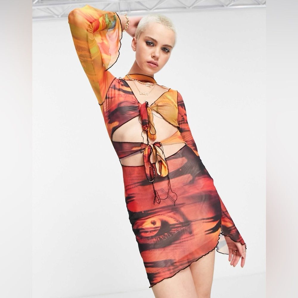 NWT Jaded London Orange Red Abstract Print Tie Front Mesh Dress - Size 4 (A040)